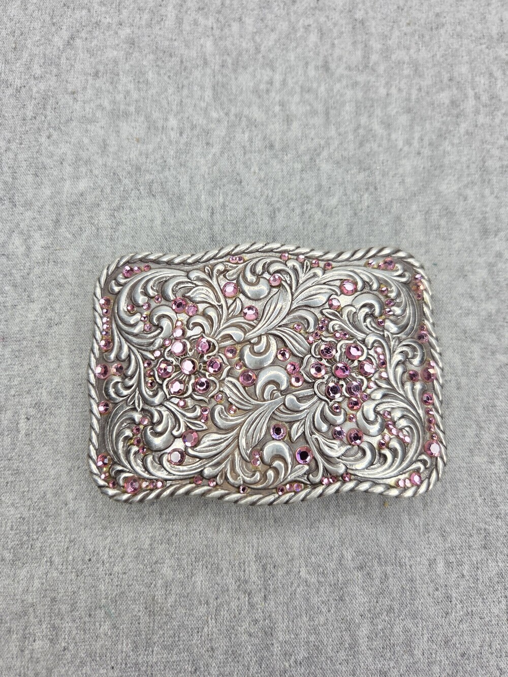 Womens Scalloped Silver Plated Western Floral Belt Buckle Pink Rhinestones